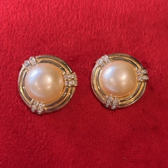 CINER - Large Pearl Rhinestone Statement VTG EARRINGS - Picture 2 of 12